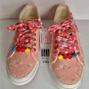 Superga Pink Floral Canvas Sneakers with Beaded Flower Accents